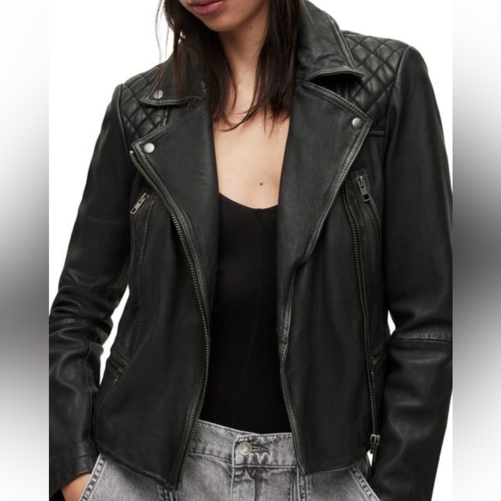 Allsaints "cargo" dark grey leather biker jacket. VGUC. Size UK14 US 10.